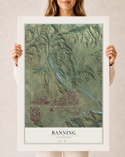 Map of Banning, California, 24 x 36 inch print in a white wood frame