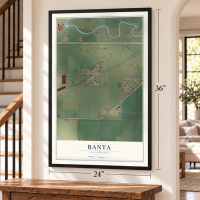 Banta, California map, 24 x 36 inch print in a black frame by a staircase