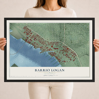Map of Barrio Logan, California, 18 x 24 inch print in a black wood frame