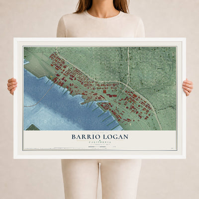 Map of Barrio Logan, California, 24 x 36 inch print in a white wood frame