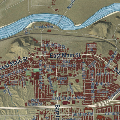 Close-up of the map of Barstow, California print showing street and building detail