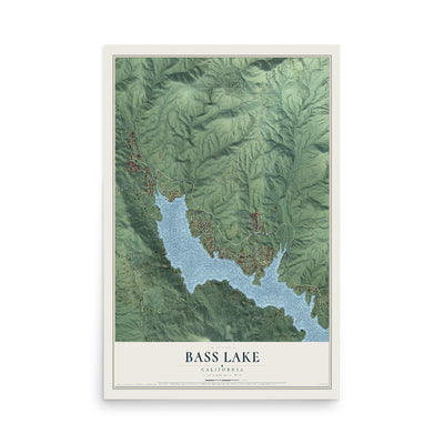Map of Bass Lake, California, 12 x 18 inch unframed archival matte print