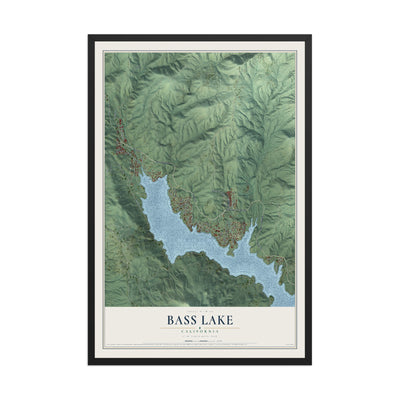 Map of Bass Lake, California, 12 x 18 inch print in a black wood frame