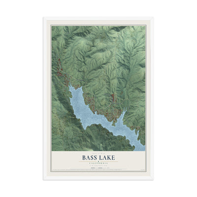 Map of Bass Lake, California, 12 x 18 inch print in a white wood frame