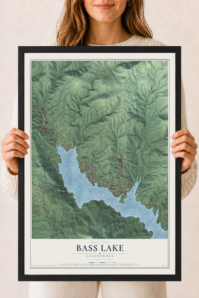 Map of Bass Lake, California, 18 x 24 inch print in a black wood frame