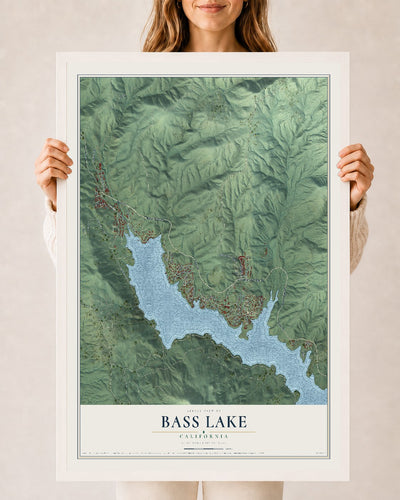 Map of Bass Lake, California, 24 x 36 inch print in a white wood frame