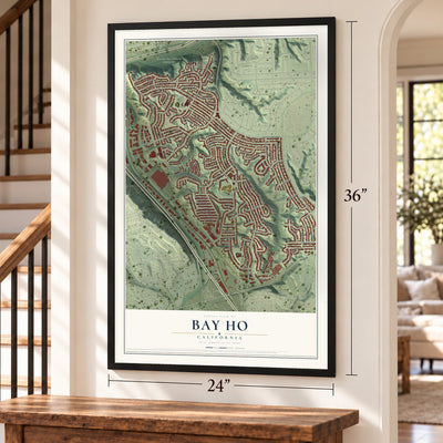 Bay Ho, California map, 24 x 36 inch print in a black frame by a staircase