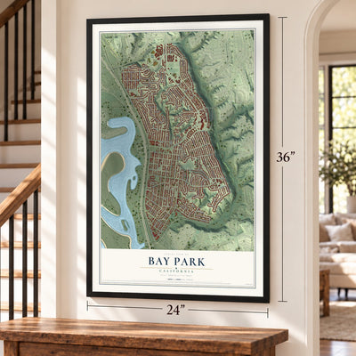 Bay Park, California map, 24 x 36 inch print in a black frame by a staircase
