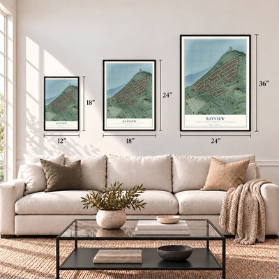 Bayview, Contra Costa County, California map in 12 x 18, 18 x 24 and 24 x 36 inch sizes above a sofa