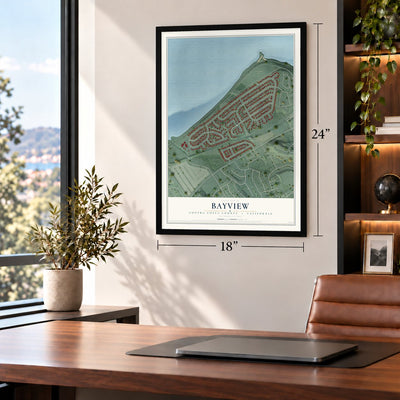 Bayview, Contra Costa County, California map, 18 x 24 inch print in a black frame in a home office