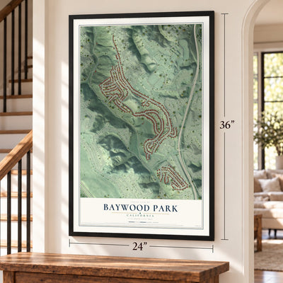 Baywood Park, California map, 24 x 36 inch print in a black frame by a staircase