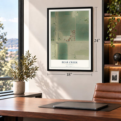 Bear Creek, California map, 18 x 24 inch print in a black frame in a home office