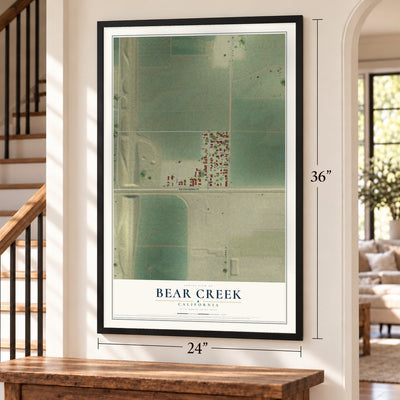 Bear Creek, California map, 24 x 36 inch print in a black frame by a staircase