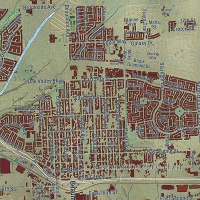Close-up of the map of Beaumont, California print showing street and building detail