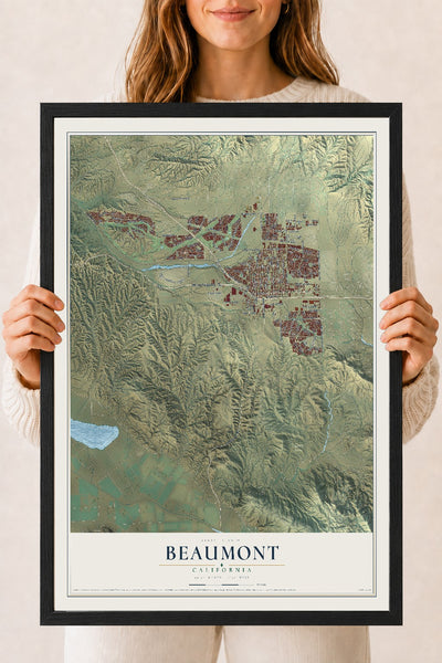 Map of Beaumont, California, 18 x 24 inch print in a black wood frame