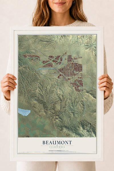 Map of Beaumont, California, 18 x 24 inch print in a white wood frame