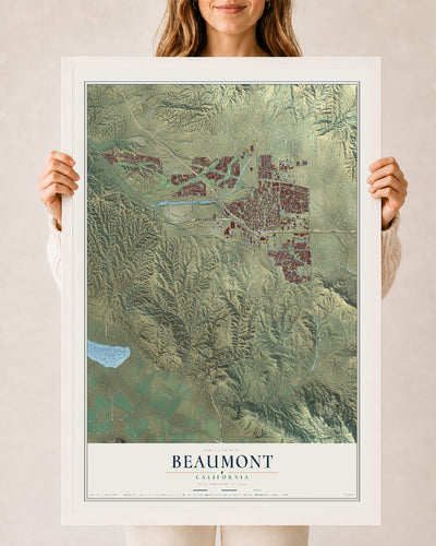Map of Beaumont, California, 24 x 36 inch print in a white wood frame