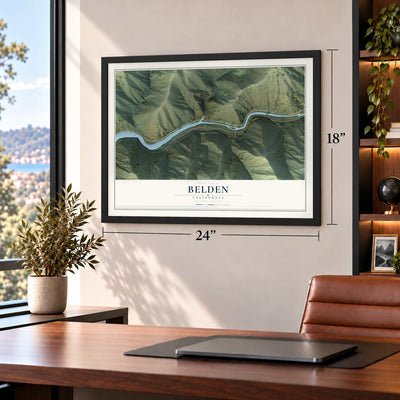 Belden, California map, 18 x 24 inch print in a black frame in a home office