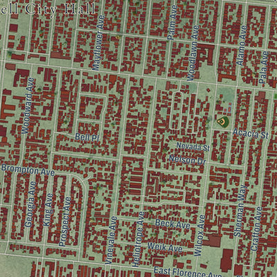 Close-up of the map of Bell, California print showing street and building detail