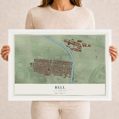 Map of Bell, California, 12 x 18 inch print in a white wood frame