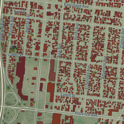 Second close-up of the map of Bell Gardens, California print showing more streets and buildings