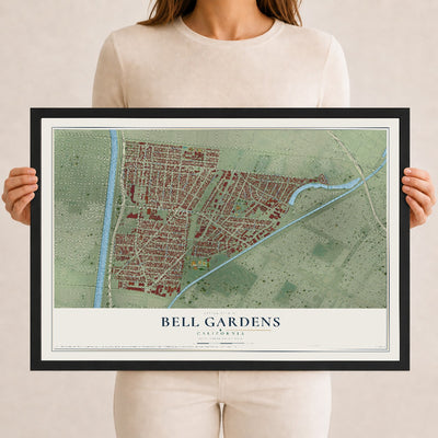 Map of Bell Gardens, California, 12 x 18 inch print in a black wood frame