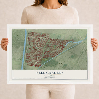 Map of Bell Gardens, California, 12 x 18 inch print in a white wood frame