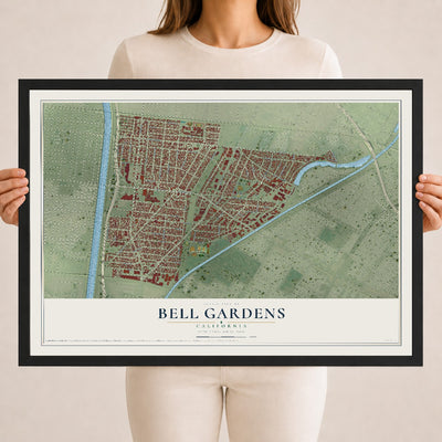 Map of Bell Gardens, California, 18 x 24 inch print in a black wood frame
