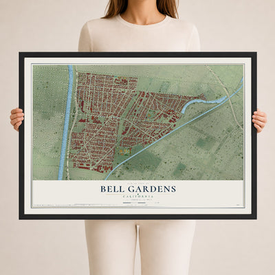 Map of Bell Gardens, California, 24 x 36 inch print in a black wood frame