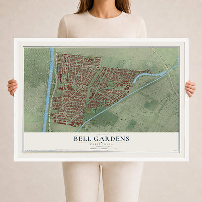 Map of Bell Gardens, California, 24 x 36 inch print in a white wood frame