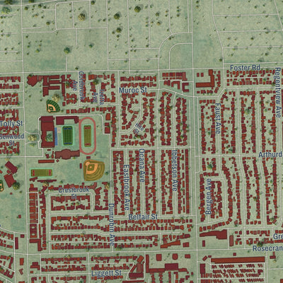 Second close-up of the map of Bellflower, California print showing more streets and buildings