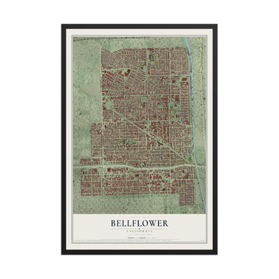 Map of Bellflower, California, 12 x 18 inch print in a black wood frame
