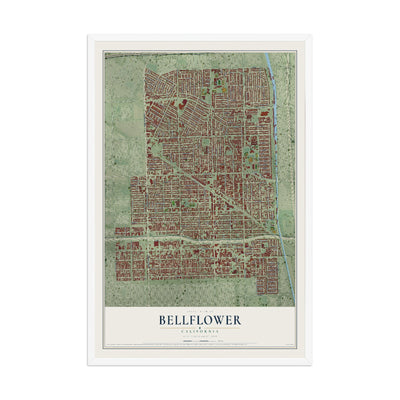 Map of Bellflower, California, 12 x 18 inch print in a white wood frame