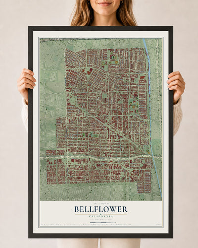 Map of Bellflower, California, 24 x 36 inch print in a black wood frame