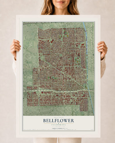 Map of Bellflower, California, 24 x 36 inch print in a white wood frame