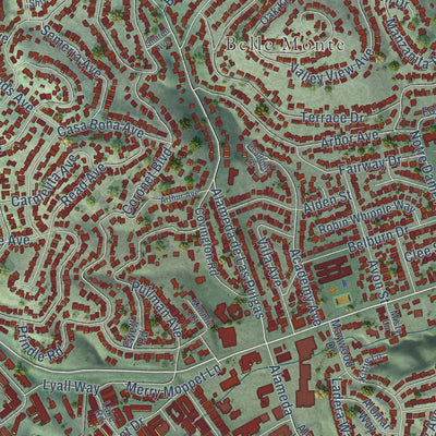 Close-up of the map of Belmont, California print showing street and building detail