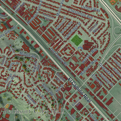 Second close-up of the map of Belmont, California print showing more streets and buildings