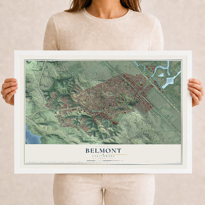 Map of Belmont, California, 12 x 18 inch print in a white wood frame