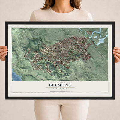 Map of Belmont, California, 18 x 24 inch print in a black wood frame