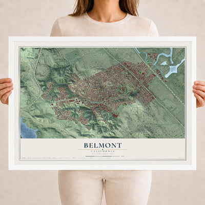 Map of Belmont, California, 18 x 24 inch print in a white wood frame