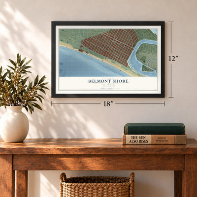 Belmont Shore, California map, 12 x 18 inch print in a black frame in an entryway