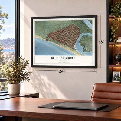 Belmont Shore, California map, 18 x 24 inch print in a black frame in a home office