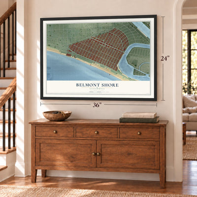 Belmont Shore, California map, 24 x 36 inch print in a black frame above a dresser by a staircase