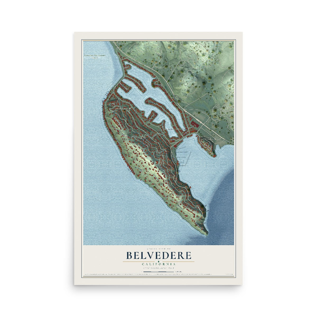 Map of Belvedere, California, 12 x 18 inch unframed archival matte print