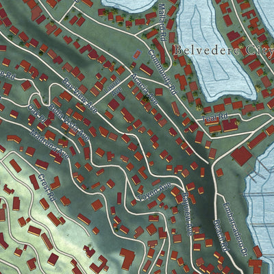 Close-up of the map of Belvedere, California print showing street and building detail