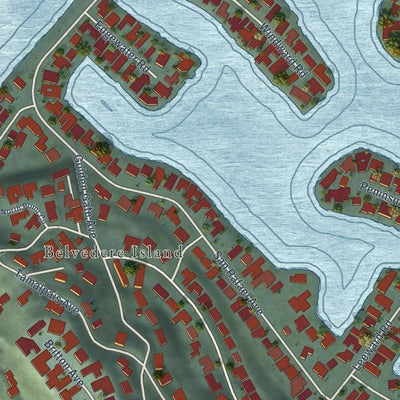 Second close-up of the map of Belvedere, California print showing more streets and buildings