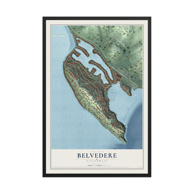 Map of Belvedere, California, 12 x 18 inch print in a black wood frame