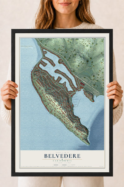 Map of Belvedere, California, 18 x 24 inch print in a black wood frame