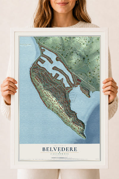 Map of Belvedere, California, 18 x 24 inch print in a white wood frame