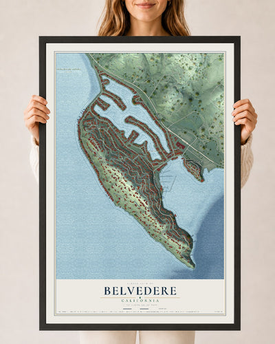 Map of Belvedere, California, 24 x 36 inch print in a black wood frame